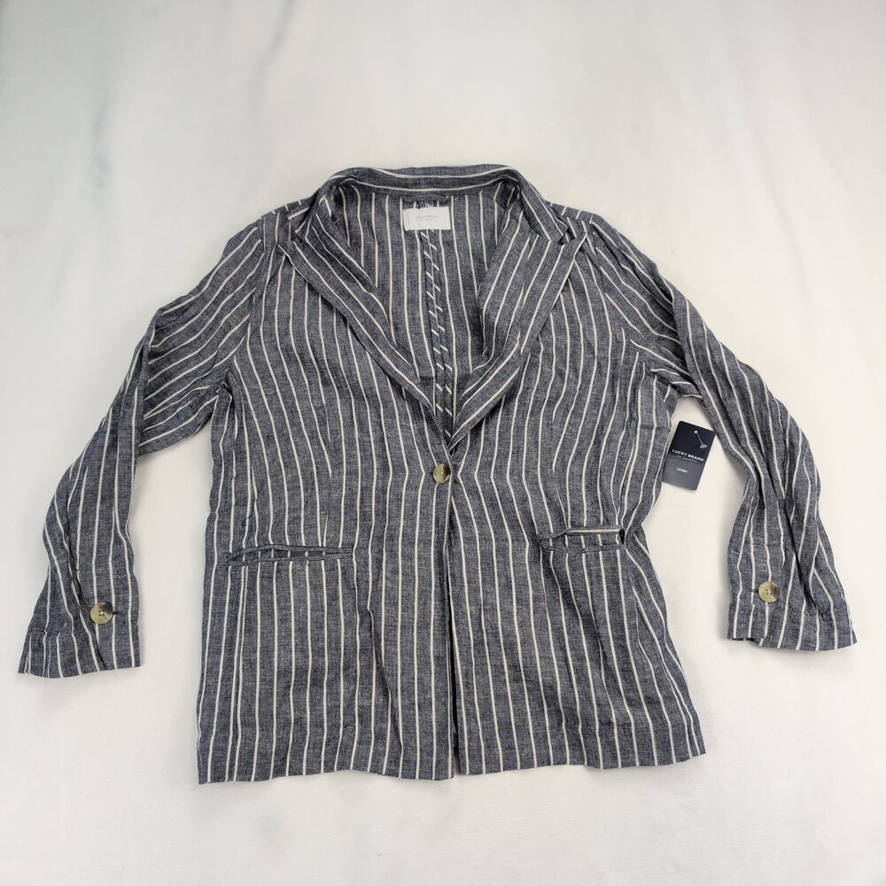 Lucky Brand Linen-Blend Striped Single-Button Blazer L - Picture 2 of 12